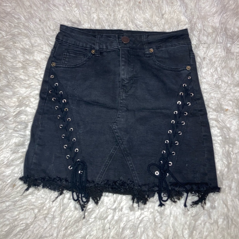 Black Denim Distressed Skirt